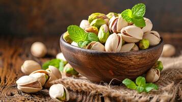 AI generated Pistachio nuts in bowl on wooden table   healthy snack and nutritious food option photo
