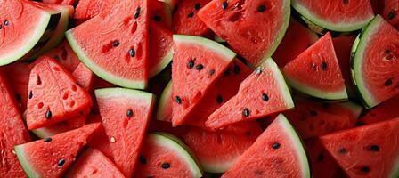 AI generated Juicy watermelon wedges in macro close up, perfectly sliced and arranged for a refreshing top view. photo