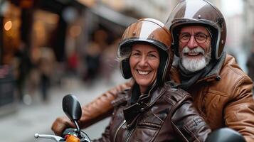 AI generated Happy retired couple on scooter in european city, seniors on holiday with text space photo