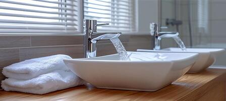 AI generated Modern minimalist bathroom with white square vessel sink and chrome faucet running water photo