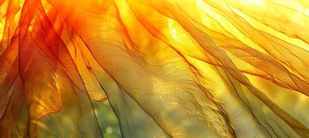 AI generated Abstract yellow and green background with leaves and semi transparent gentle waving silk fabric photo