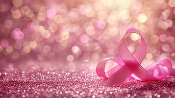 ai generado pecho cáncer conciencia mes rosado cinta símbolo en mágico borroso rosado antecedentes con destellos foto