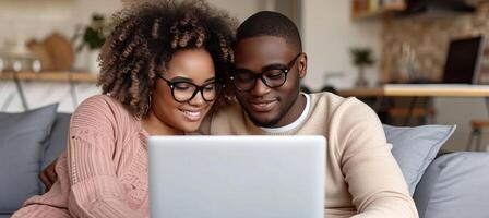 AI generated Multiracial young couple enjoying quality time watching laptop on cozy sofa at home photo