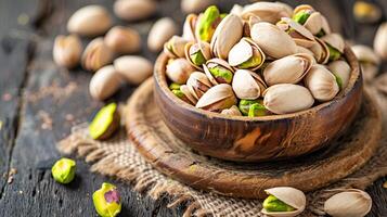 AI generated Pistachio nuts in bowl   healthy snack and nutritious food for balanced diet and wellness photo