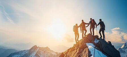 AI generated Team of friends climbing and helping each other reach mountain peak as a group adventure photo