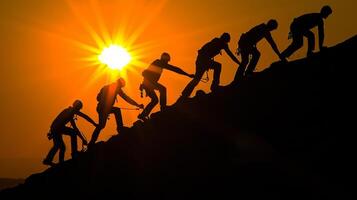 AI generated Determined friends climbing together to reach the summit of the mountain as a team photo