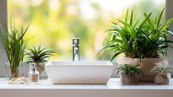 ai generado minimalista baño con blanco cuadrado buque lavabo y cromo grifo en moderno interior diseño foto