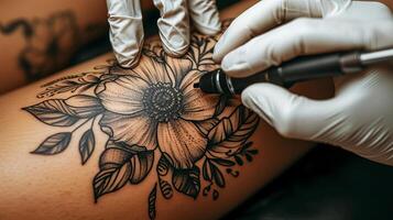 AI generated Skilled tattoo artist creating intricate leg design with precision and expertise. photo