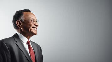 AI generated Senior african american businessman in formal wear and eyeglasses isolated on grey studio shot photo