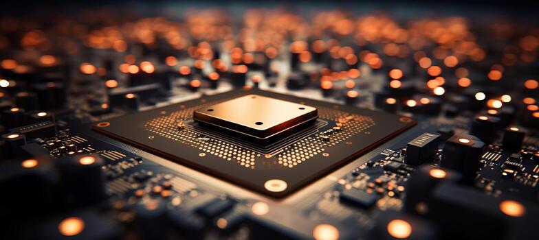 AI generated Blurred bokeh background with close up of computer chip circuitry and glowing components photo