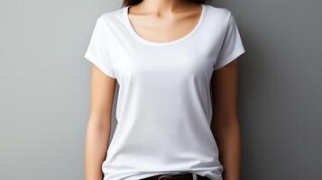 AI generated Mockup template of a woman in a white t shirt for design print studio, isolated on a light gray wall photo