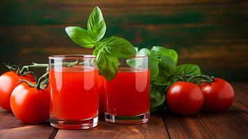 ai generado tomate jugo en vaso en de madera mesa con rojo antecedentes y espacio para texto colocación foto