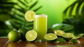 AI generated Refreshing lime juice in glass on wooden table with soft green background, ideal for text placement photo