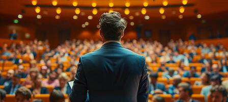 AI generated Business conference speaker presenting from back view with projection screen and engaged audience photo