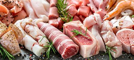 AI generated Assorted fresh raw meat products divided by white vertical lines in bright and vibrant lighting photo