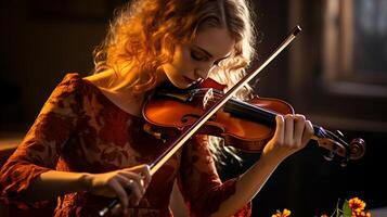 AI generated Passionate female musician playing violin with intricate details and expressive hands photo