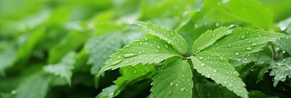 AI generated High definition 3d marijuana leaves with dew drops in morning fog, surreal wide angle shot photo