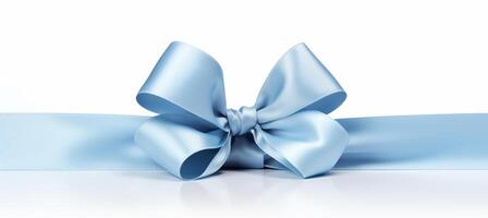 AI generated Blue ribbon bow with long straight ribbon for banner, white background with copy space photo