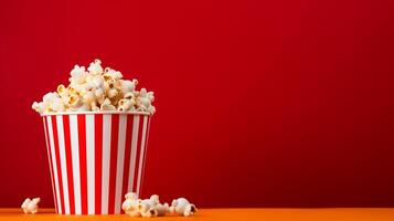 AI generated Striped popcorn box with fresh corn on red gradient background, ample empty space for copy design photo