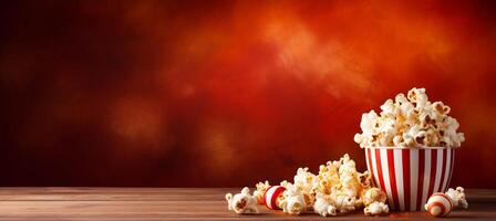 AI generated Striped box with popcorn on textured red gradient background with ample empty space for copy photo