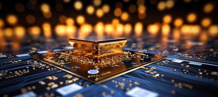 AI generated Close up of intricate circuitry and glowing components on computer chip with dreamy bokeh background photo