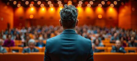 AI generated Professional speaker at business conference and presentation, view from behind audience photo