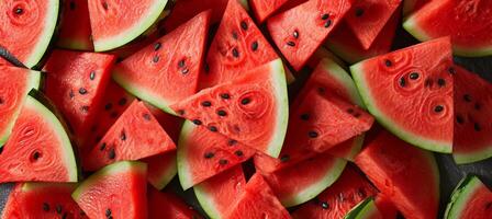 AI generated Macro close up of fresh and juicy watermelon wedges, top view with vibrant colors and details photo