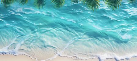 AI generated Tropical palm leaf shadow on water surface and white sand beach   summer vacation background concept photo