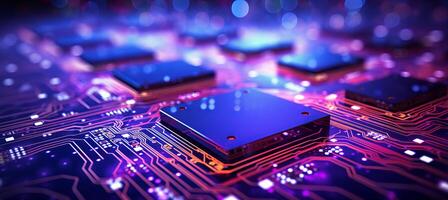 AI generated Shimmering bokeh backdrop with digital circuit patterns in bright technological theme photo