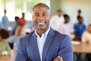 AI generated Smiling male teacher portrait with elementary students in classroom learning environment photo