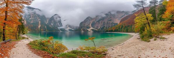 AI generated Majestic panoramic scenery of tranquil mountain lake with misty fog in the background photo