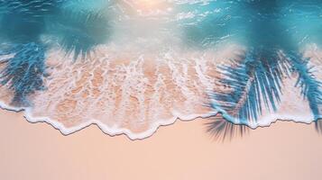 AI generated Tropical leaf shadows on water surface and white sand beach background for summer vacation concept. photo
