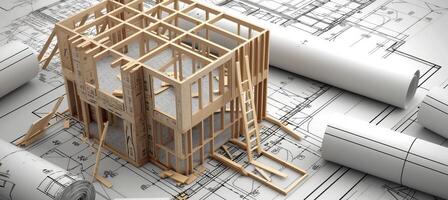 AI generated Wooden frame house model under construction on blueprints with space for text placement photo