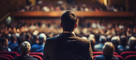 ai generado negocio conferencia altavoz dando presentación con Copiar espacio para texto y audiencia ver desde espalda foto