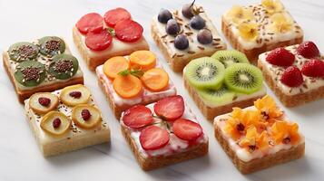 AI generated Top view of fresh vegetarian sandwich and fruits on white table   healthy diet breakfast concept photo