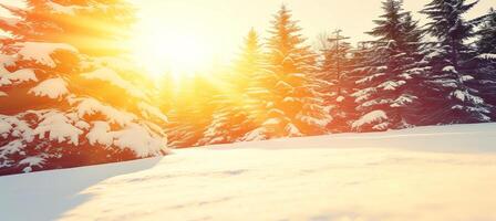 AI generated Whimsical winter forest scenery with stunning sun rays illuminating the serene ambiance photo