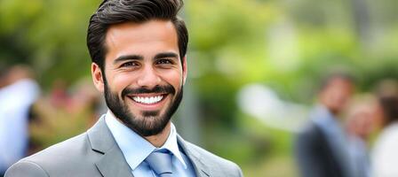 AI generated Handsome young businessman walking and smiling in city center with blurred background and copy space photo