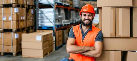 AI generated Portrait of dedicated male warehouse worker in expansive, well lit distribution center photo