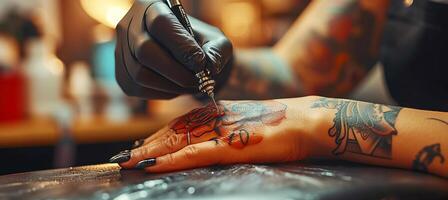 AI generated Tattoo artist creating a design on woman s hand with ample space for text placement photo