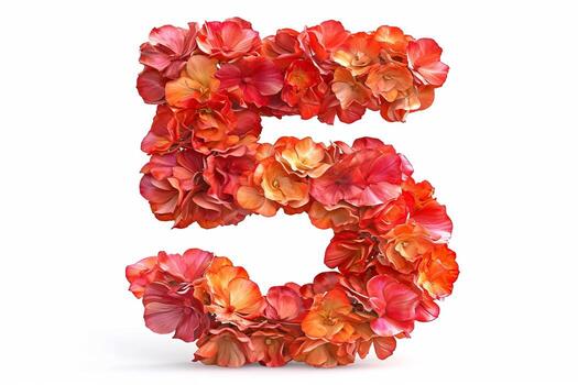 AI generated 3d modern style letter 5 made from flowers isolated on white background in floral typography design photo