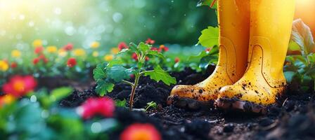 AI generated Colorful flowerpots and yellow boots in a sunny garden, creating a vibrant gardening background photo