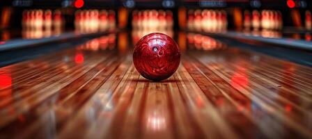 AI generated Bowling strike  ball crashing into pins on alley line, sport competition or tournament concept photo