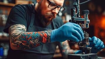 AI generated Tattoo artist creating intricate design on man s hand with needle and vibrant ink in close up photo