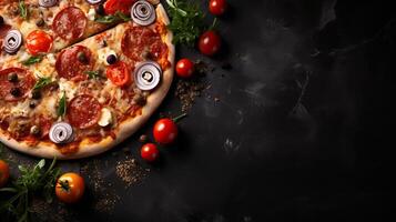 AI generated Delectable pizza on black stone, top view, variety of ingredients, empty space for text photo