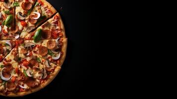 ai generado delicioso Pizza en negro Roca antecedentes con parte superior ver y ingredientes vacío espacio para texto foto