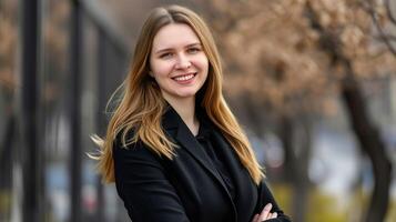 ai generado sonriente joven mujer de negocios caminando en ciudad centrar con borroso antecedentes y Copiar espacio foto