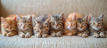 ai generado un juguetón manojo de adorable gato gatitos con varios colores, sentado juntos en un fila foto