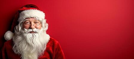 AI generated Crazy santa claus wearing red costume on isolated red background with copy space for text placement photo