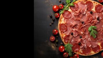 AI generated Delicious gourmet pizza on black stone background with top view and mouthwatering ingredients photo