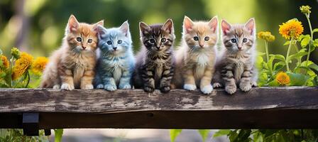 ai generado grupo de adorable multi de colores gatito gatitos sentado en un fila, linda pequeño mascotas en varios colores foto